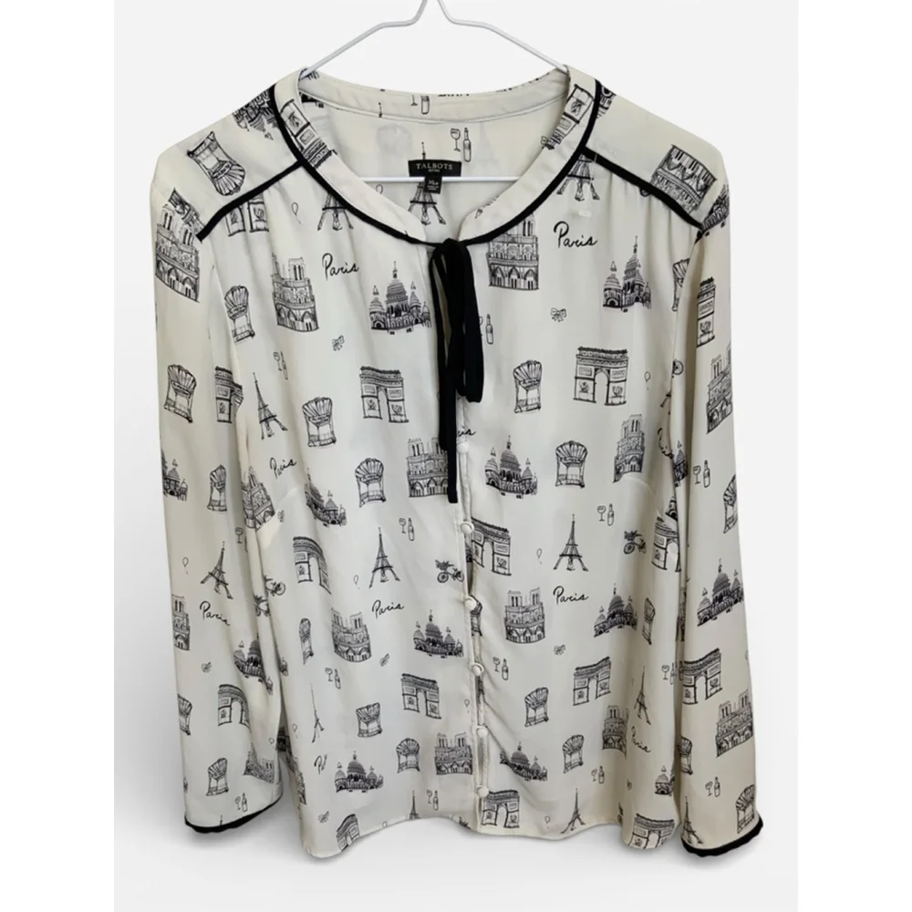 Talbots Women's Paris Print Blouse Off White Black XLP - Picture 2 of 5